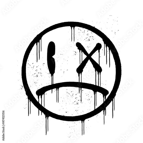 Sad emoji with one crossed eye and one normal eye, drawn with black spray paint lines and a dripping paint effect. The design conveys a confused, sad emotion with bold, expressive strokes.

