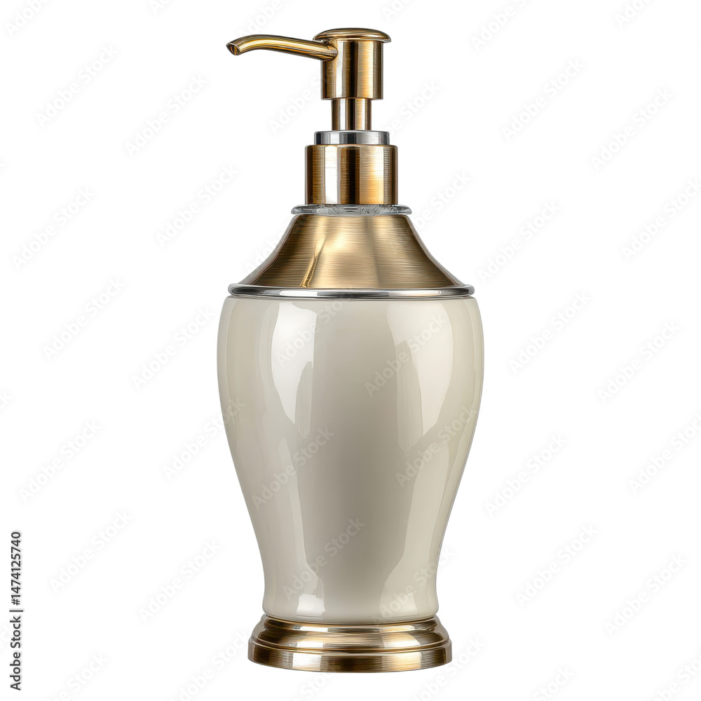 Obraz premium Elegant Gold and Cream Ceramic Soap Dispenser Bottle for Bathroom Decor
