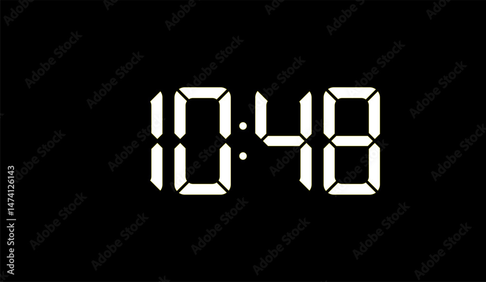 Digital Clock Displaying 10:48 on a Black Background - Timekeeping, Minimalist Design, Modern Display of Hour, Minute with Retro Digital Numbers Digital Clock Displaying 10:48 on a Black Background - Timekeeping, Minimalist Design, Modern Display of Hour, Minute with Retro Digital Numbers