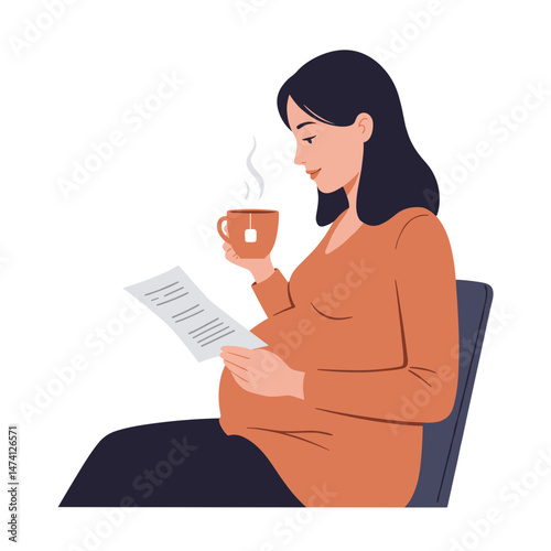 Pregnant woman enjoying tea while reading a document , ideal for motherhood resources and workplace wellness campaigns