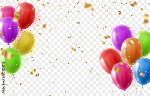 Festive confetti and flying balloons png. Golden bright confetti falls. Holidays and Birthday. Vector celebration background with confetti and 3d helium balloons. Isolated on transparent background.