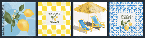 Summer posters or cards set. Lemon, flowers and blue Mediterranean tiles. Vector cute elegant watercolor illustration of lemons, beach lounger with umbrella, frame, wreath, yellow checkered tablecloth