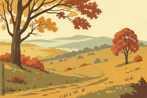 138 beautiful autumn landscape, colorful fall foliage trees, rolling hills, dirt path, scenic nature, vibrant warm colors, watercolor painting style, detailed landscape composition, serene and peacefu