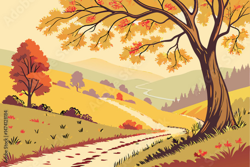 138 beautiful autumn landscape, colorful fall foliage trees, rolling hills, dirt path, scenic nature, vibrant warm colors, watercolor painting style, detailed landscape composition, serene and peacefu