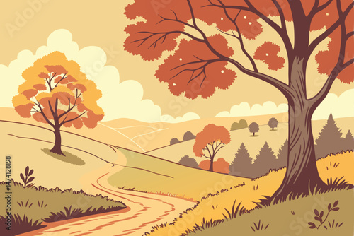 138 beautiful autumn landscape, colorful fall foliage trees, rolling hills, dirt path, scenic nature, vibrant warm colors, watercolor painting style, detailed landscape composition, serene and peacefu