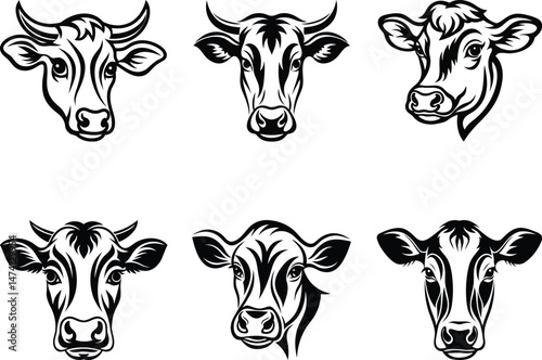 Cow face isolated vector icon design, cow face silhouette vector illustration set, cow face line art, cow face logo icon, cow head logo