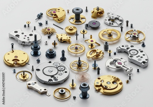  Luxury Watchmaking Components Collection Disassembled Mechanical Watch Movement Parts  on White Background