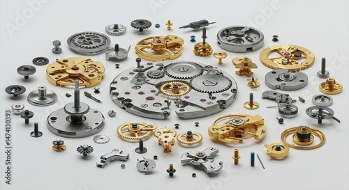  Luxury Watchmaking Components Collection Disassembled Mechanical Watch Movement Parts  on White Background