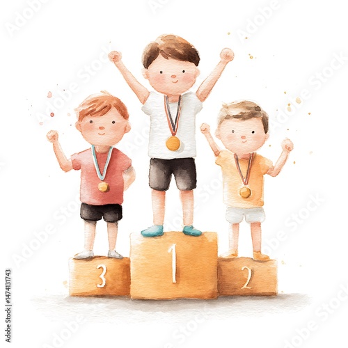 Happy Boys on Award Podium Celebrating Victory. A cheerful illustration of three young boys proudly standing on a winners' podium, each with a gold medal.