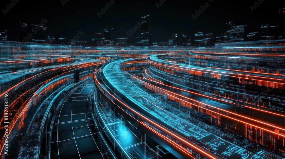 Obraz premium Futuristic city pathways, digital network