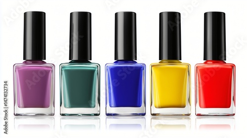 Vibrant collection of nail polish bottles in various shades on a clean background