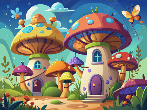 vector of Mushroom Art Fairytale Cottage Exotic mushroom houses with butterflies around.