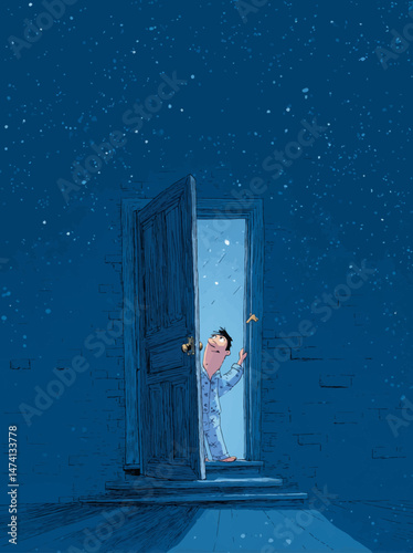 An adult wearing pajamas stands at an open door, gazing into a sky filled with stars. The scene captures a moment of curiosity and wonder against a serene backdrop.