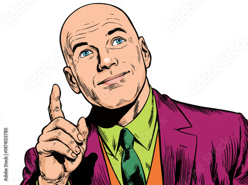 A bald character wearing a colorful suit points upwards with a thoughtful expression, showcasing a moment of inspiration in a lively comic book style. The background hints at creativity.