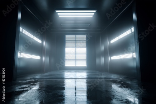 A 360-degree full panorama environment map featuring a black minimalistic studio environment with bright lights and reflections, presented as a 3D render illustration in HDRI and HDR for VR and