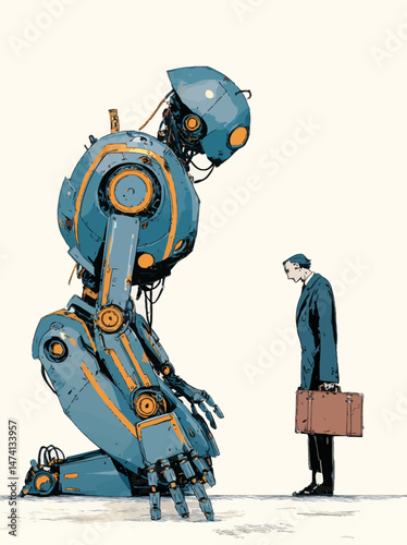 A towering robot kneels in front of a businessman holding a briefcase. The scene conveys an intriguing contrast between technology and humanity, set against a neutral background.
