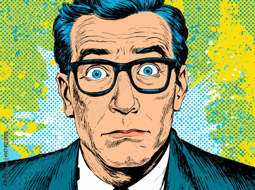 A middle-aged man with glasses shows a look of astonishment, his expressive blue eyes captivating in a vibrant comic book style. The vivid colors and patterns enhance the dramatic effect.