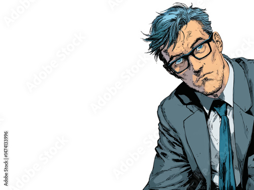 A focused adult man with glasses and tousled hair dressed in a suit is depicted in a comic book style. He appears deep in thought, suggesting an intense moment in an urban environment.