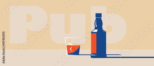 Bottle of cognac, glass of gin with ice, jack, rum, drink party. Poster for restaurant, pub, menu, alcohol, party