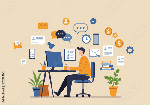 Vector Illustration of Office Employee Multitasking at Desk