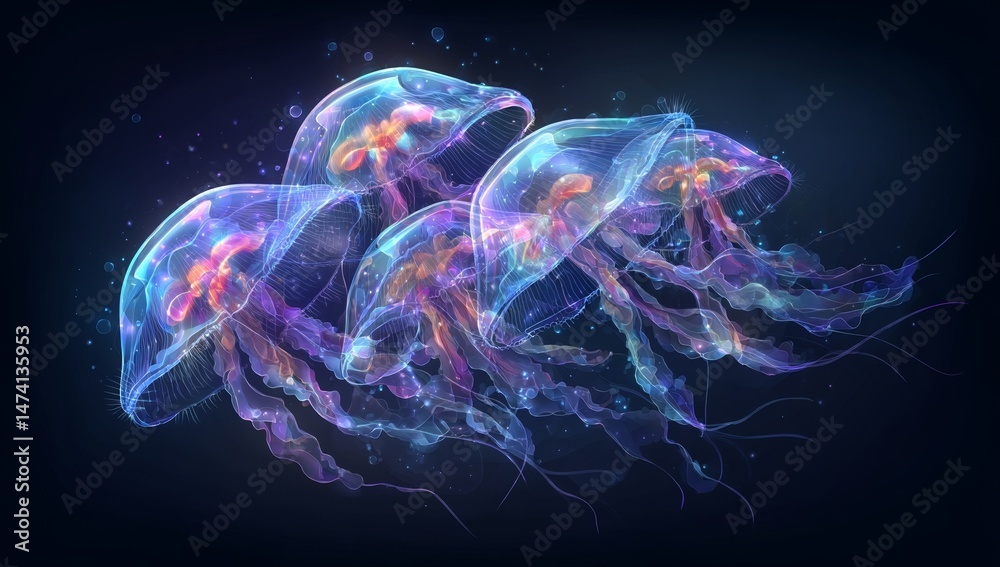 Naklejka premium A lone jellyfish with a neon glow is set against a dark backdrop, its ethereal and iridescent appearance evoking a psychic aura, all made possible by generative AI technology