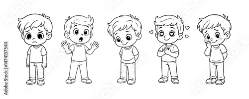 Set of cartoon boy characters expressing various emotions including sad, surprised, shy, in love, and bashful in black and white line art vector