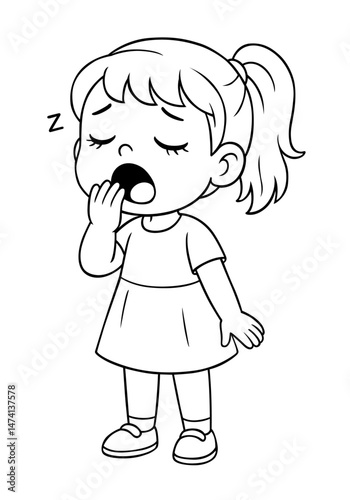 Cartoon girl character yawning and appearing sleepy with closed eyes in black and white line art vector