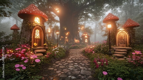 Enchanted forest path, fairy houses