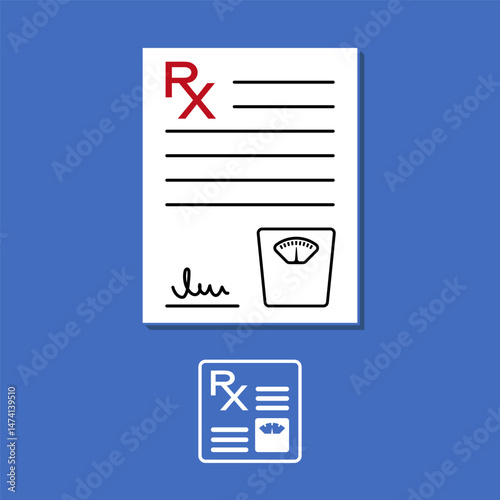 Medical prescription sheet with a scale icon, symbolizing weight management, health, and medicine themes on a blue background. Dosage regimen of the drug depending on body weight