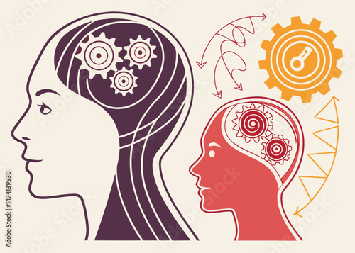 Abstract Digital Brain and Human Silhouette with Mechanical Cogs and Gears, Surreal Scientific Illustration Featuring Intricate Details, Vibrant Colors, Scribbles, and Dreamlike Fantasy Anatomy