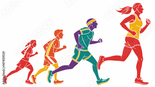 Stylized Digital Art of Running Figures in a Colorful Landscape with Track and Field Elements, Fitness Activity, People Silhouettes, Trees, and Nature in a Minimalist Design