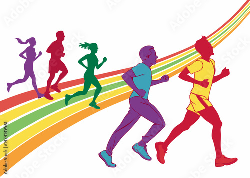 Stylized Digital Art of Running Figures in a Colorful Landscape with Track and Field Elements, Fitness Activity, People Silhouettes, Trees, and Nature in a Minimalist Design