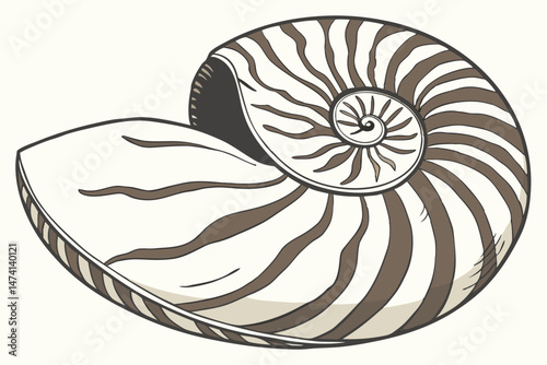 140 spiral shell, sea shell, marine, ocean life, intricate patterns, detailed texture, beige and brown colors, studio shot, high quality, realistic, octagonal, 4k