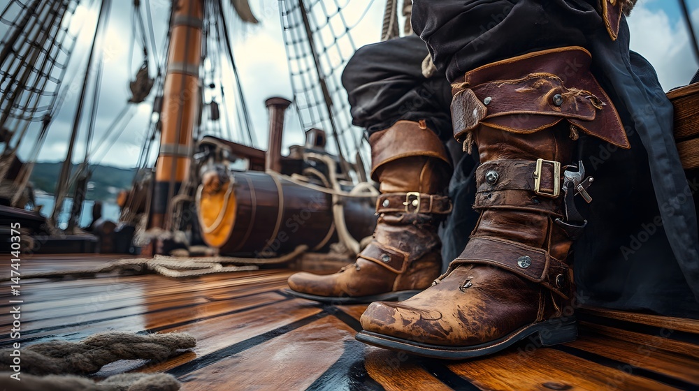 Obraz premium A pirate outfit with boots, belts, and hat on a wooden ship deck