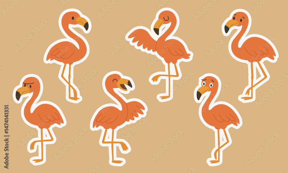Obraz premium A set of flamingo vector stickers. Features six different poses and facial expressions including happy, sad, shy, angry, and relaxed. 