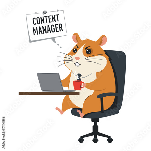 Overworked hamster content manager with a laptop and coffee cup, perfect for office humor and content creation promotions