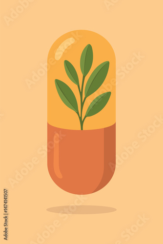 Herbal capsule vector illustration with healing plants inside. The vector is fully isolated from background and easily editable. 
