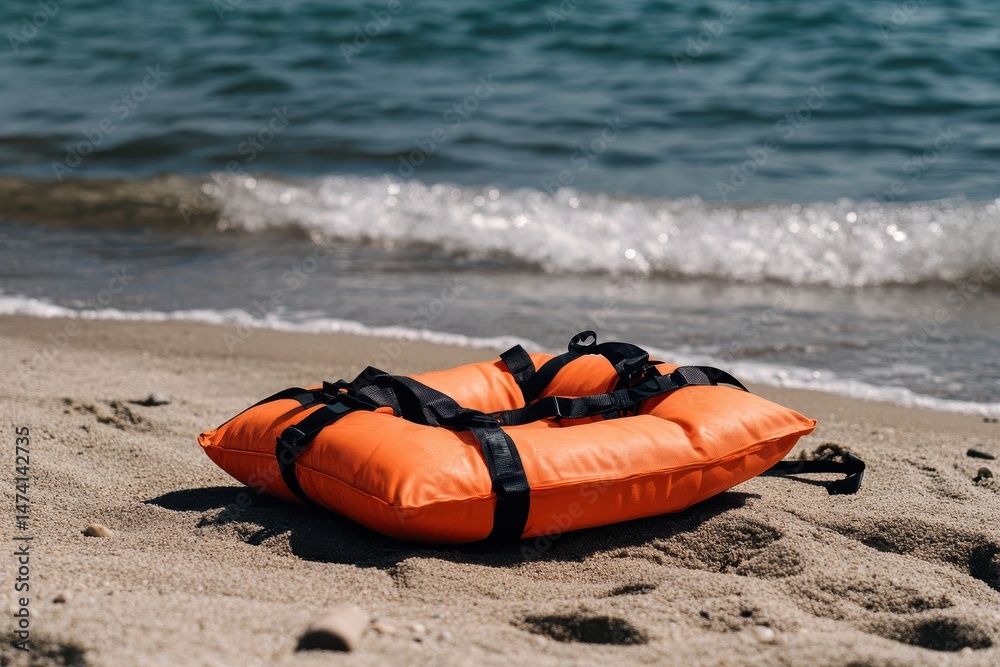 Obraz premium Orange life vest on sandy beach (1)