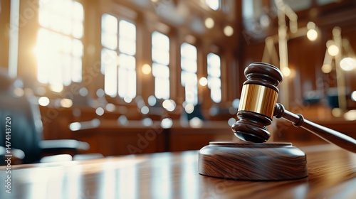 a symbolic scene of justice with a golden scale and a wooden judgeâ€™s gavel placed neatly on a courtroom bench, background blurred with warm morning glow, cozy and professional setting, high