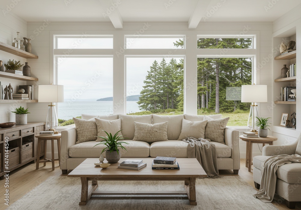 Fototapeta premium Comfortable living room with a large sofa and a view of the ocean and trees through expansive windows