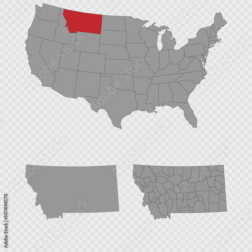 Montana map set with USA location, clean outline, and full county breakdown.