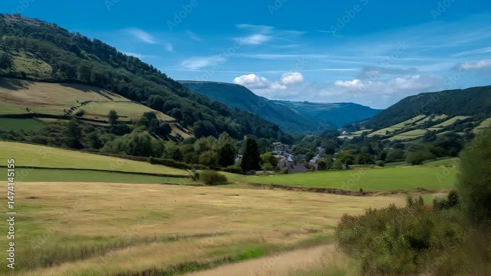Scenic view of a lush valley with grassy fields, tree-covered hills, blue sky, and scattered clouds on a sunny day Scenic view of a lush valley with grassy fields, tree-covered hills, blue sky, and scattered clouds on a sunny day