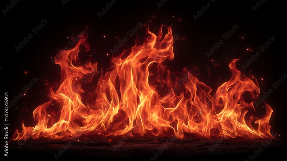 Obraz premium Fiery Inferno Blazing Hot Flames on Black Background.