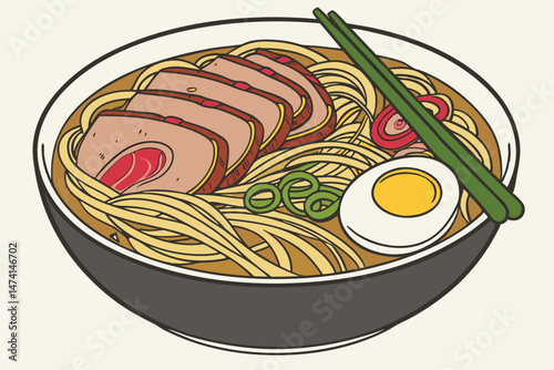 125 a bowl of steaming ramen noodles with sliced roasted pork, soft boiled egg, green onions, red pickled ginger, and a savory broth, shot from an angle highlighting the textures and colors, highly de