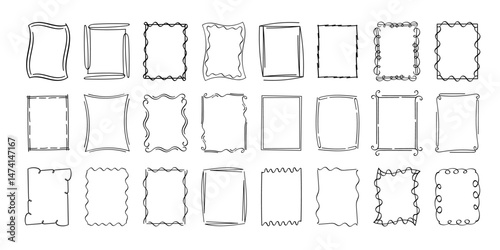 Frame doodle rectangular stamp, hand-drawn wavy curly monograms. Edgings and cadres with simple sketchy scribble swirl design elements. Isolated. Vector illustration.