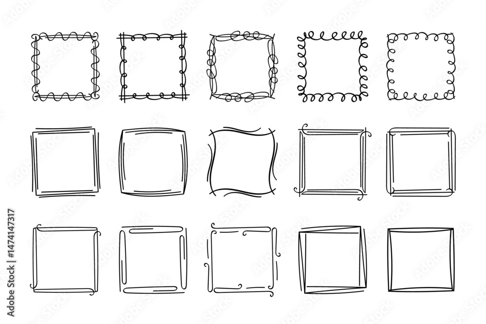 Square doodle stamp frames, hand-drawn wavy curly monograms. Edgings and cadres with simple sketchy scribble swirl design elements. Isolated. Vector illustration.