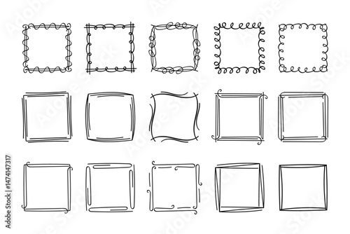 Square doodle stamp frames, hand-drawn wavy curly monograms. Edgings and cadres with simple sketchy scribble swirl design elements. Isolated. Vector illustration.