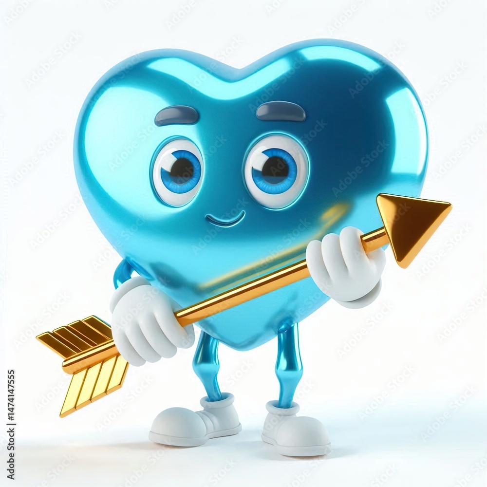 Fototapeta premium Animated character 3D image of a blue glossy candy heart with golden arrow. cute design , white background