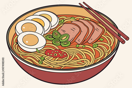 125 a bowl of steaming ramen noodles with sliced roasted pork, soft boiled egg, green onions, red pickled ginger, and a savory broth, shot from an angle highlighting the textures and colors, highly de