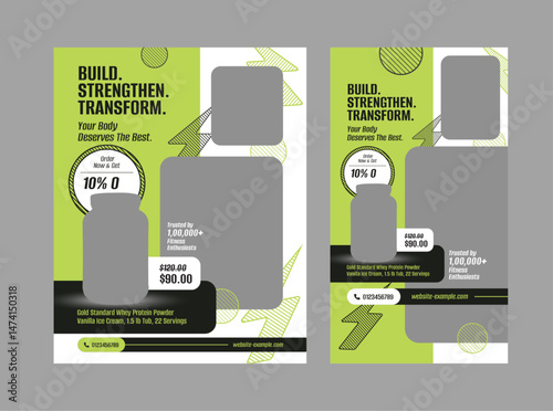 Modern Gym and Fitness Social Media Template,  Social Media Design for Gym Promotion, body building supplements 